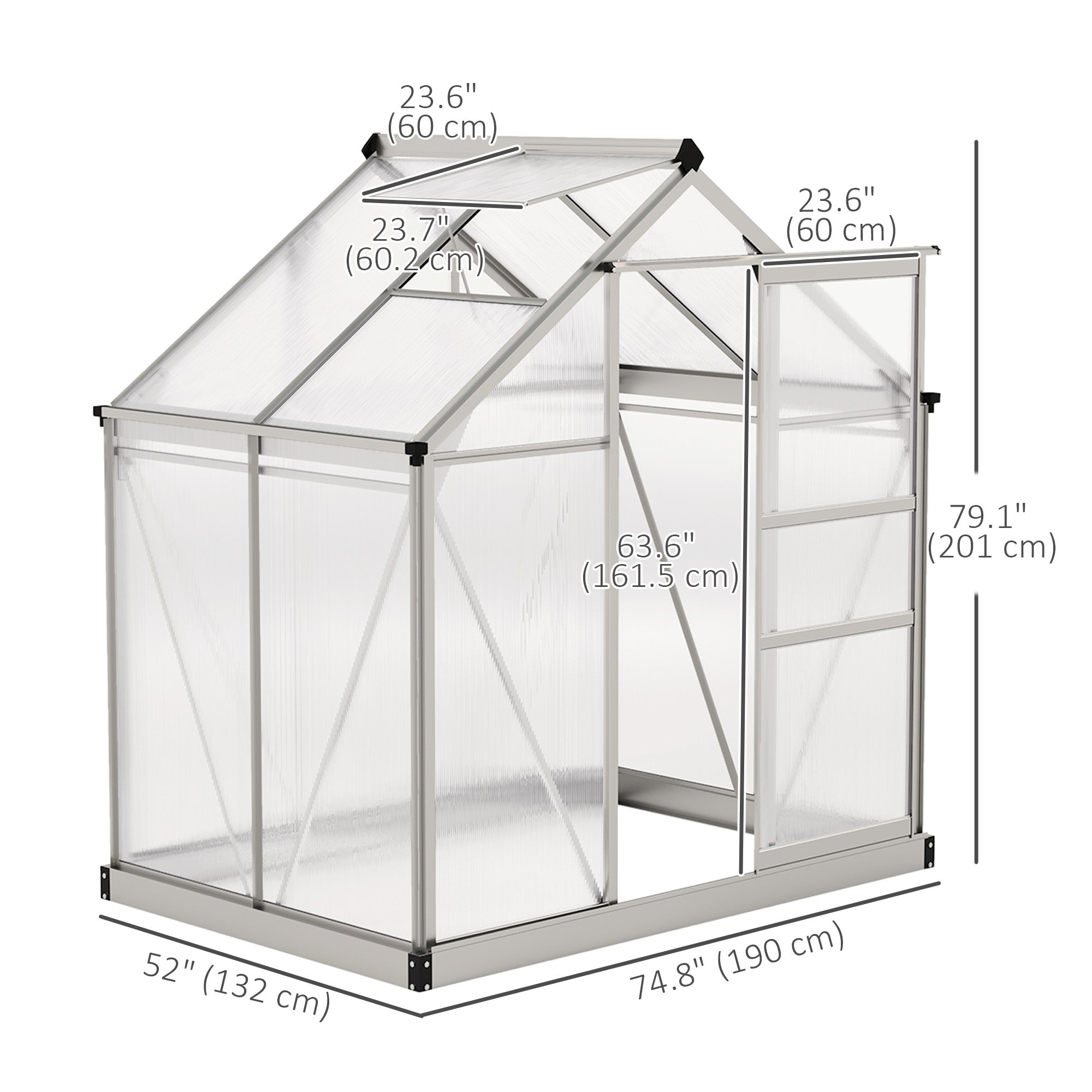 Outsunny 6' x 4' x 6.6' Polycarbonate Greenhouse, Walk-In Green House Kit Garden, Plants Grow, Galvanized Sheet Aluminum Frame with Rain Gutter, Vent and Sliding Door, Silver