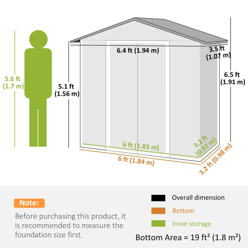 6.5x3.5ft Metal Garden Storage Shed for Outdoor Tool Storage with Double Sliding Doors and Vents, Light Grey