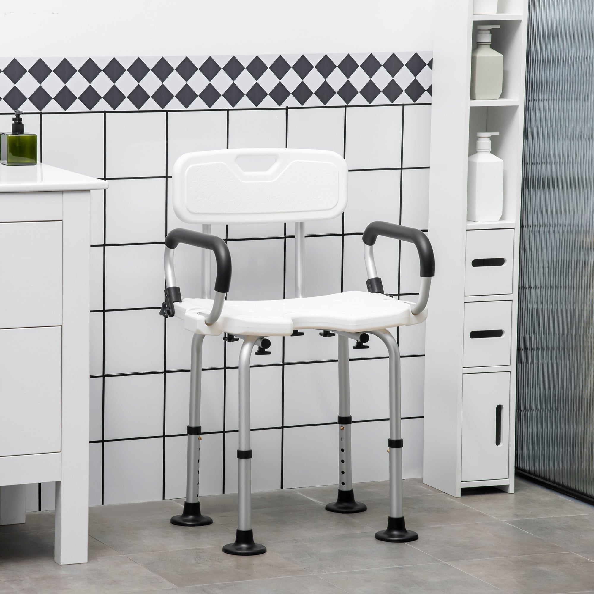 HOMCOM Shower Chair with Arms and Back, Bath Seat with Adjustable Height, Anti-slip Shower Bench for Seniors and Disabled, Tool-Free