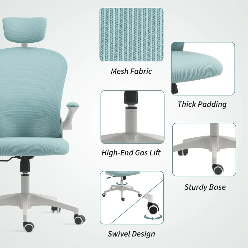 Office Chair, Mesh Computer Desk Chair with Adjustable Headrest, 4D Lumbar Support, Flip-up Arm, Light Green