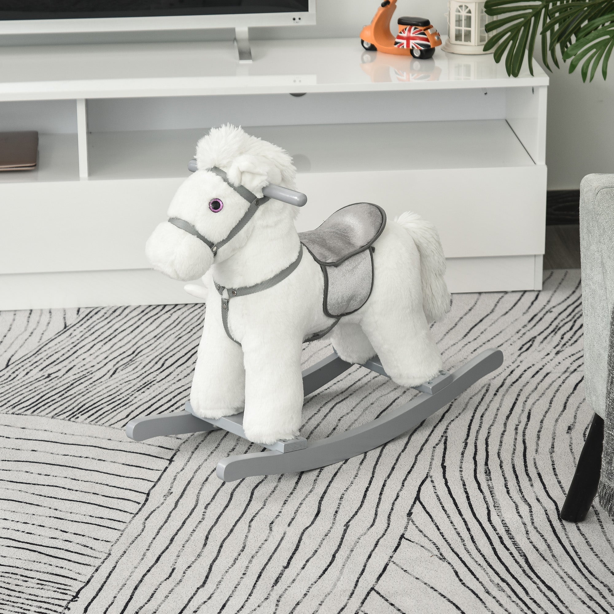 Qaba Kids White Plush Rocking Horse - Soft Bear Ride-On Toy with Fun Sounds, Comfortable Children's Chair