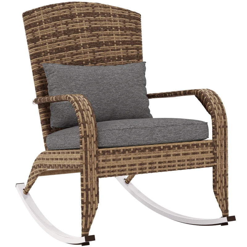 Adirondack Chair, Outdoor Wicker Rocking Chair with High Back, Seat Cushion and Pillow for Porch, Balcony, Grey/Yellow
