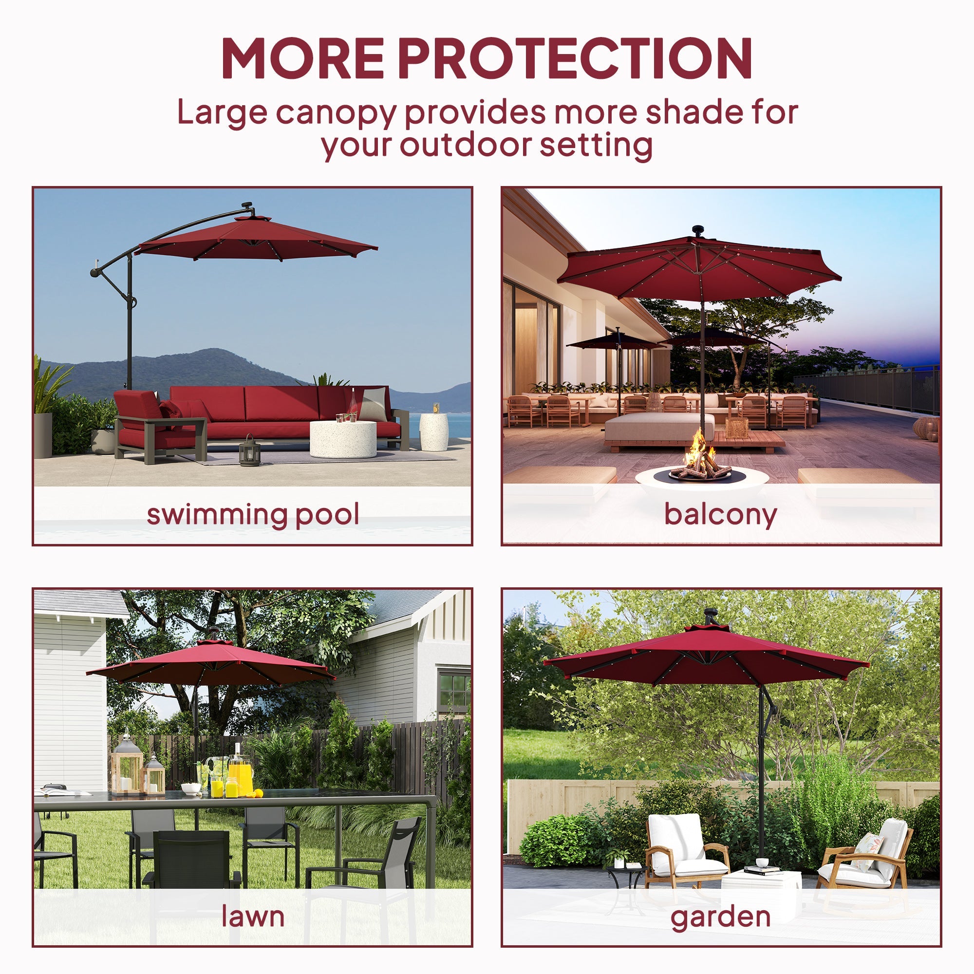 Outsunny 10ft Outdoor Cantilever Umbrella Banana Umbrella with Solar Lights and Adjustable Angle for Patio Backyard Wine Red