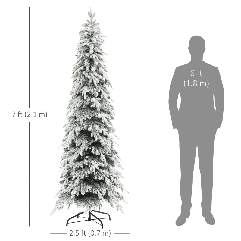 HOMCOM 7ft Pencil Flocked Artificial Christmas Tree – 800 Branch Tips, Auto-Open, Steel Base, Green