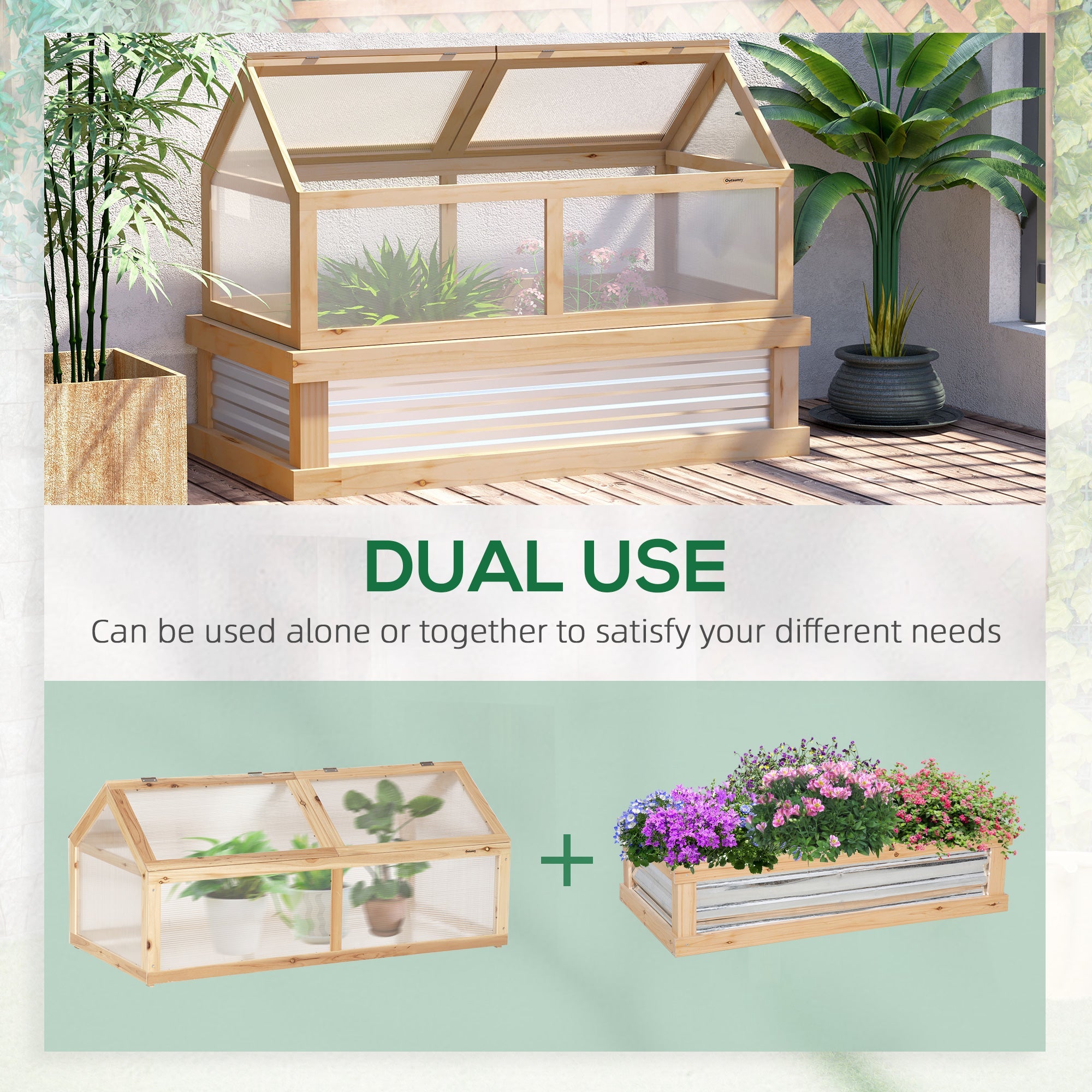 Outsunny 48"x24"x32" Raised Garden Flower Bed Wooden Cold Frame Planter Greenhouse Pointed Open Roofs Natural