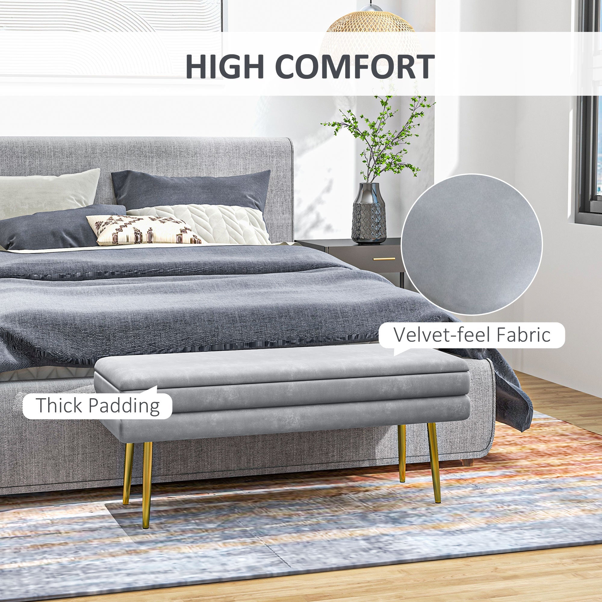 HOMCOM Luxe End of Bed Bench: Dark Grey Velvet-feel Upholstered Padded Seat, Steel Legs, Modern Bedroom Furniture