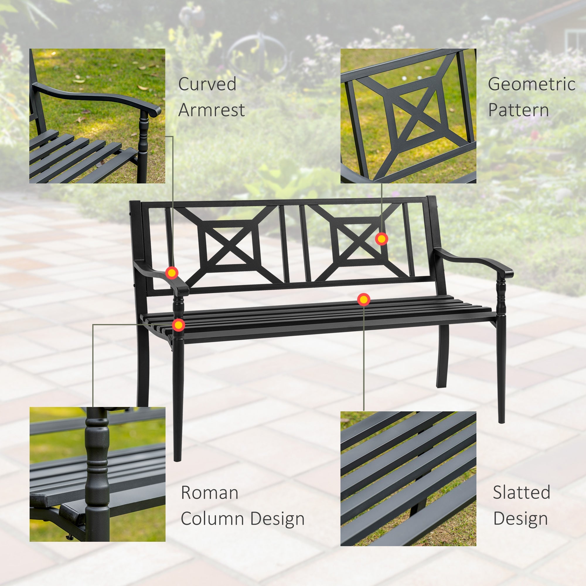 Outsunny Steel Garden Bench 2-person Outdoor Loveseat Black Durable Patio Furniture for Lawn Deck Yard Porch Entryway
