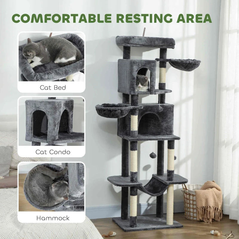 69" Cat Tree, Multi-Level Cat Tower with 2 Condos, Plush Perch and Sisal Scratching Posts, Dark Grey