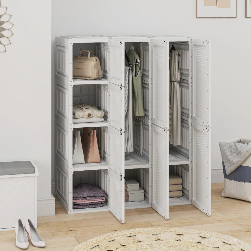 Portable Wardrobe, Foldable Plastic Closet with 8 Compartments, 2 Hanging Rods and Magnetic Doors, White