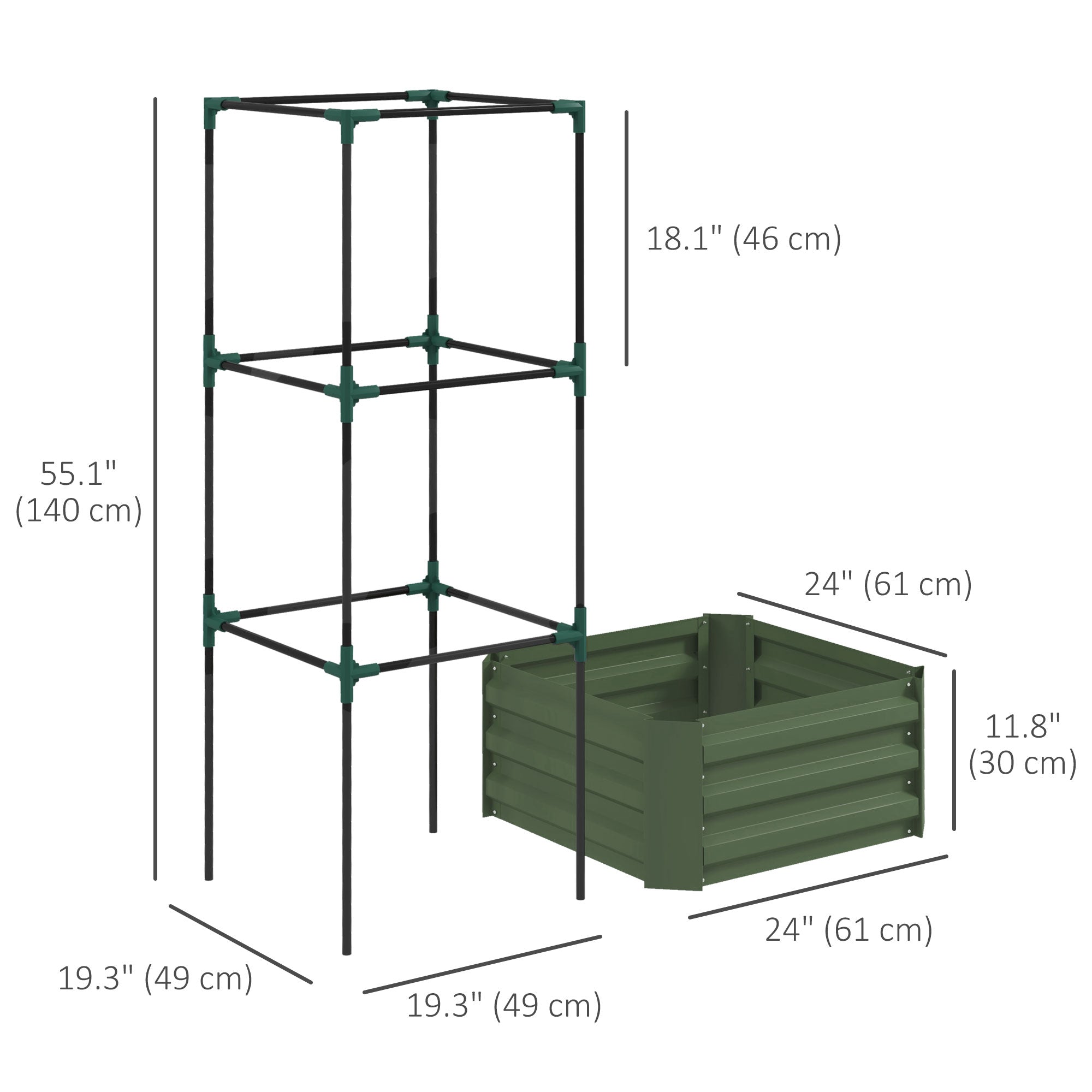 Outsunny Galvanized 3-Tier Planter Box Raised Garden Bed Trellis Tomato Cage Climbing Vines Veggies Green Patio