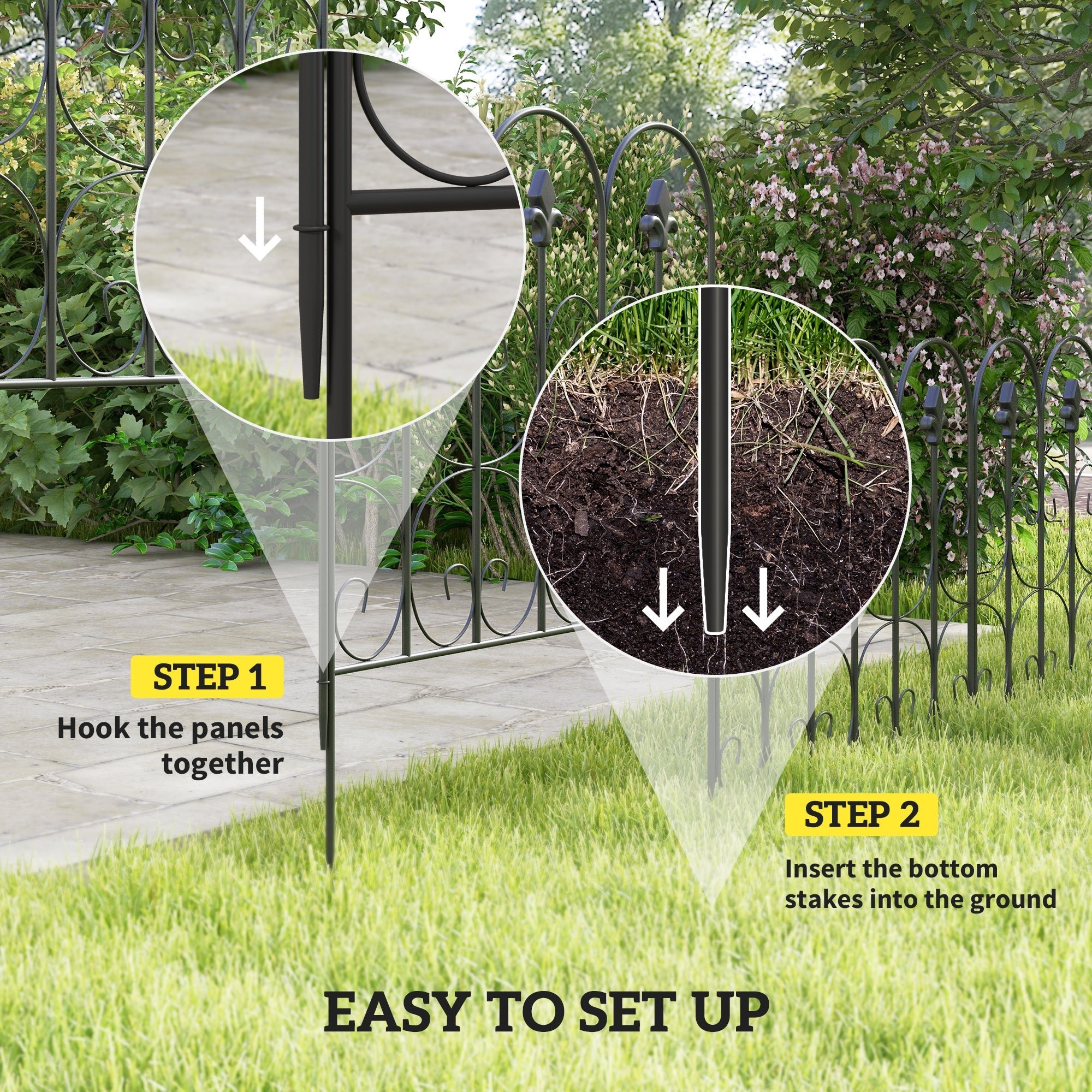 Outsunny 5-Piece 33"x10' Metal Wire Fence: Landscape Flower Bed Edging, Animal Barrier, Black