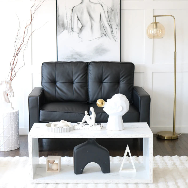 51" Double Sofa Couch, Upholstered PU Leather Loveseat with Armrests, Tufted Backrest, Cushion, Black