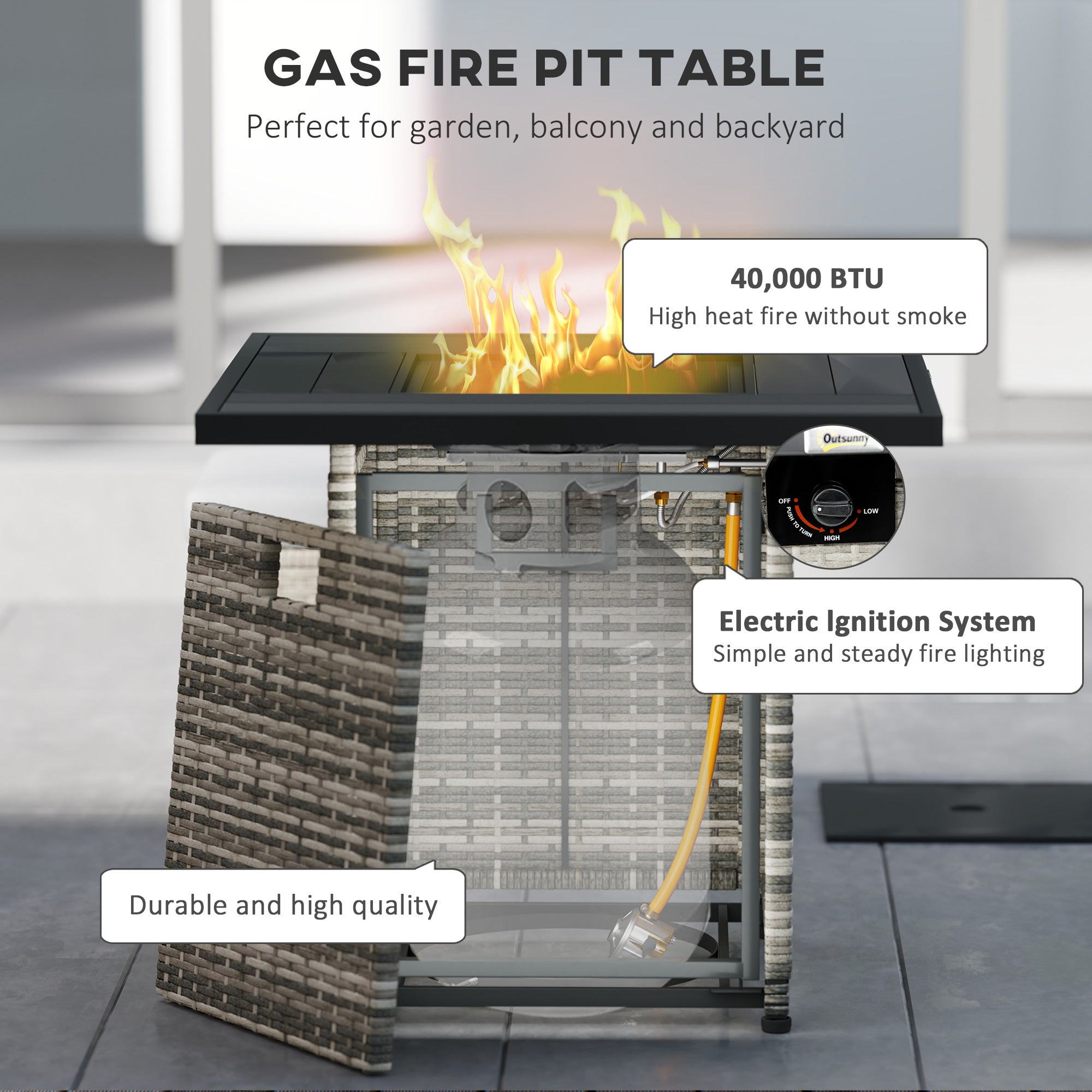 Outsunny 28 Inch Propane Fire Pit Table, 40,000 BTU Rattan Gas Fire Pit Table with Rain Cover, Mesh Lid, Lava Stone, Mixed Grey