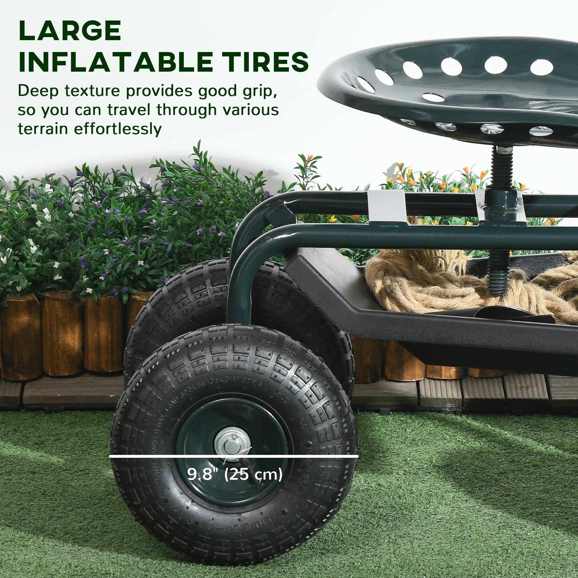 Outsunny Garden Cart with Seat on Wheels Tool Tray 360° Swivel Height Adjustable for Patio Yard
