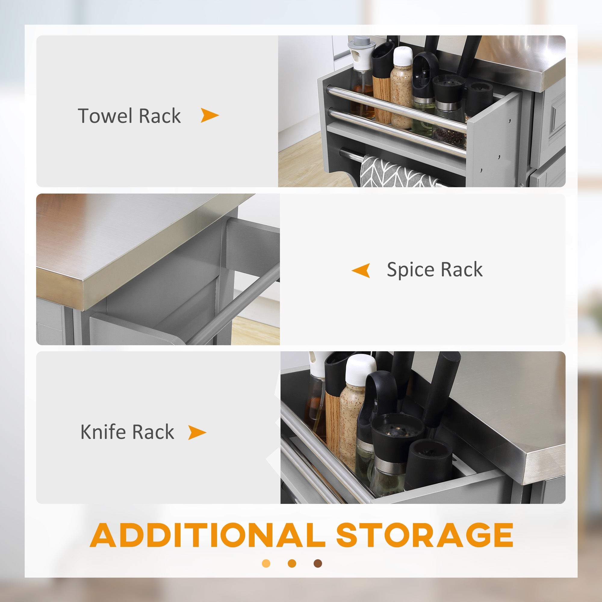 HOMCOM Rolling Kitchen Island with Storage and Stainless Steel Top, Kitchen Trolley with Drawers, Cabinets, Towel Rack