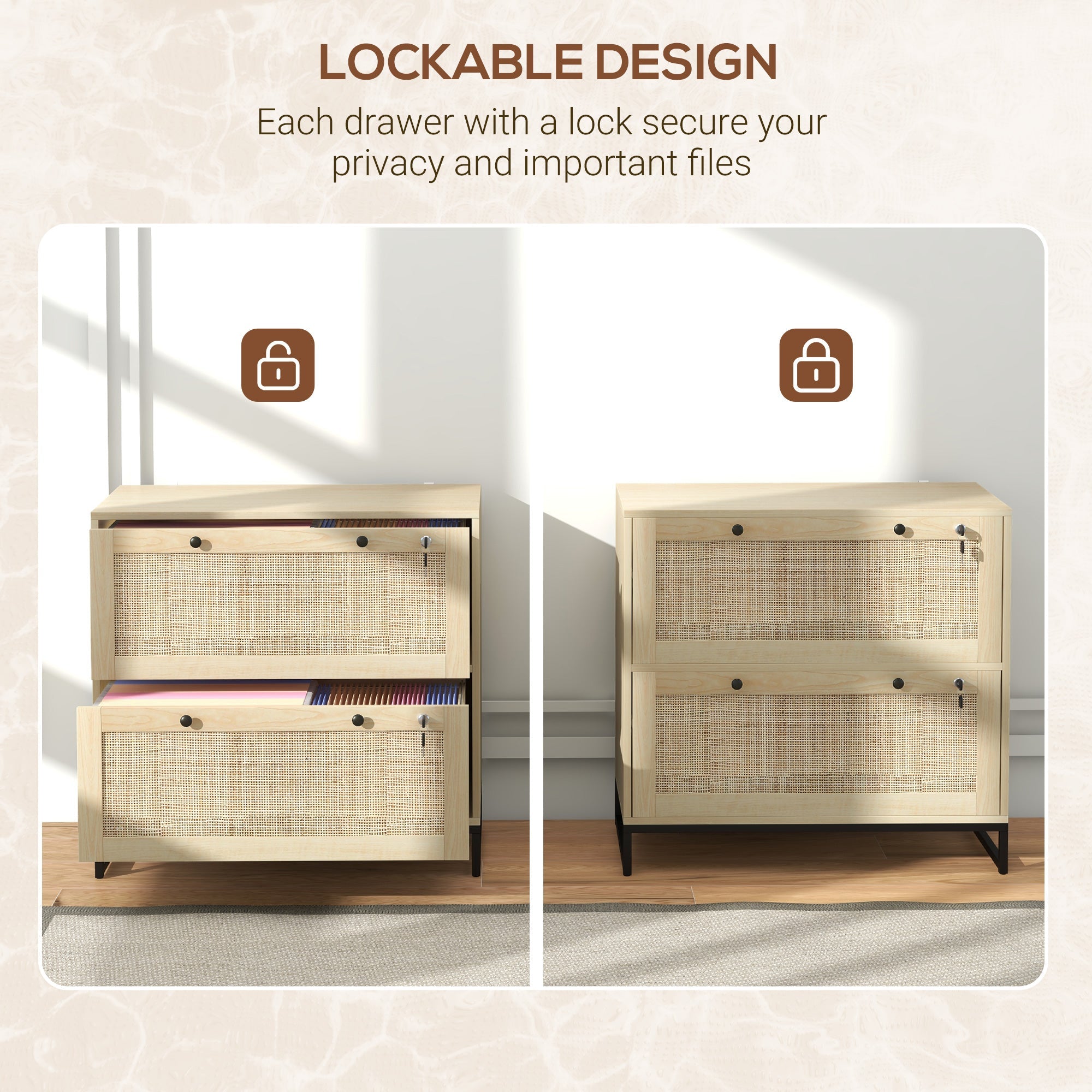 Vinsetto Boho Lockable 2 Drawer File Cabinet Adjustable Bar for Letter A4 Legal Size Natural Office Storage