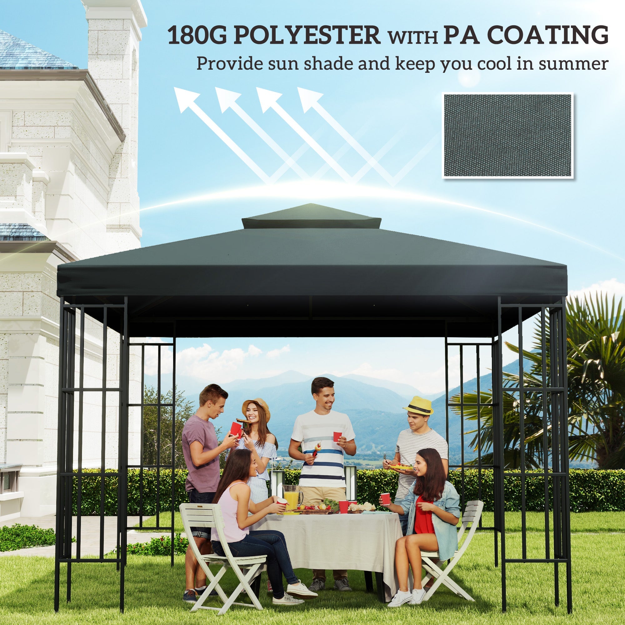 Outsunny 9.8' x 9.8' Square 2-Tier Gazebo Canopy Replacement Top Cover Outdoor Garden Sun Shade, Dark Grey