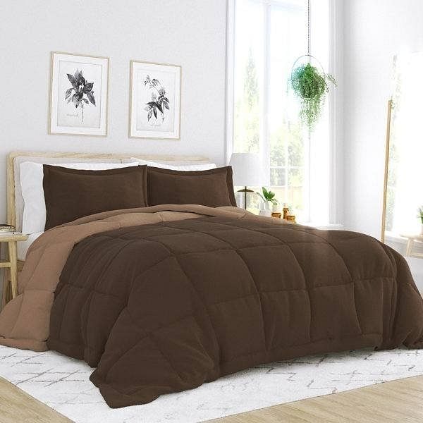 King/Cal King 3-Piece Microfiber Reversible Comforter Set in Taupe Brown - Free Shipping