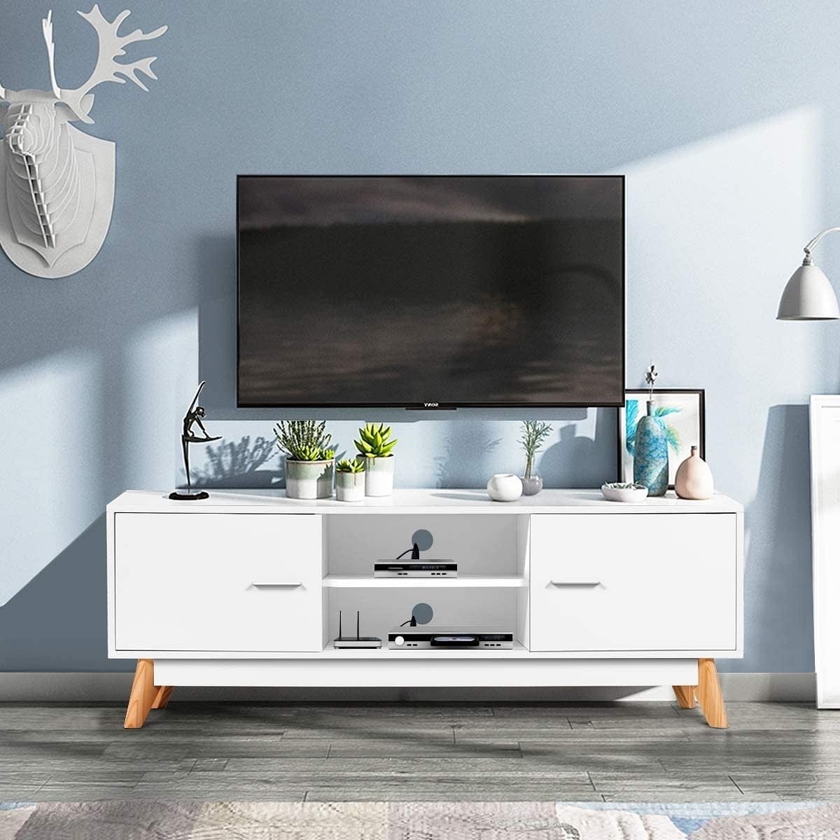 Modern 55-inch Solid Wood TV Stand in White Finish and Mid-Century Legs - Free Shipping