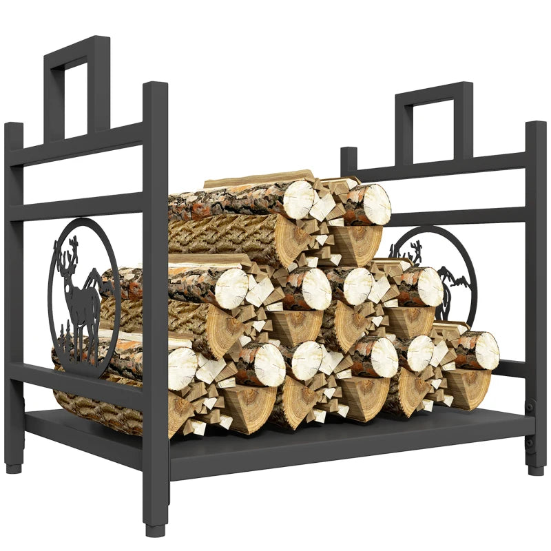 Decorative Firewood Rack Outdoor Indoor Steel Wood Storage Log Holder with Side Handles, 19.7" x 13.4" x 17.7", Black