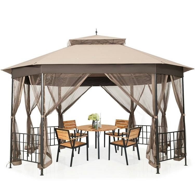 Outdoor 10 x 12 Ft Octagon Gazebo with Mosquito Net Sidewalls and Brown Canopy - Free Shipping