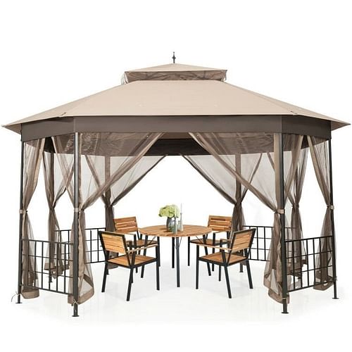 Outdoor 10 x 12 Ft Octagon Gazebo with Mosquito Net Sidewalls and Brown Canopy - Free Shipping