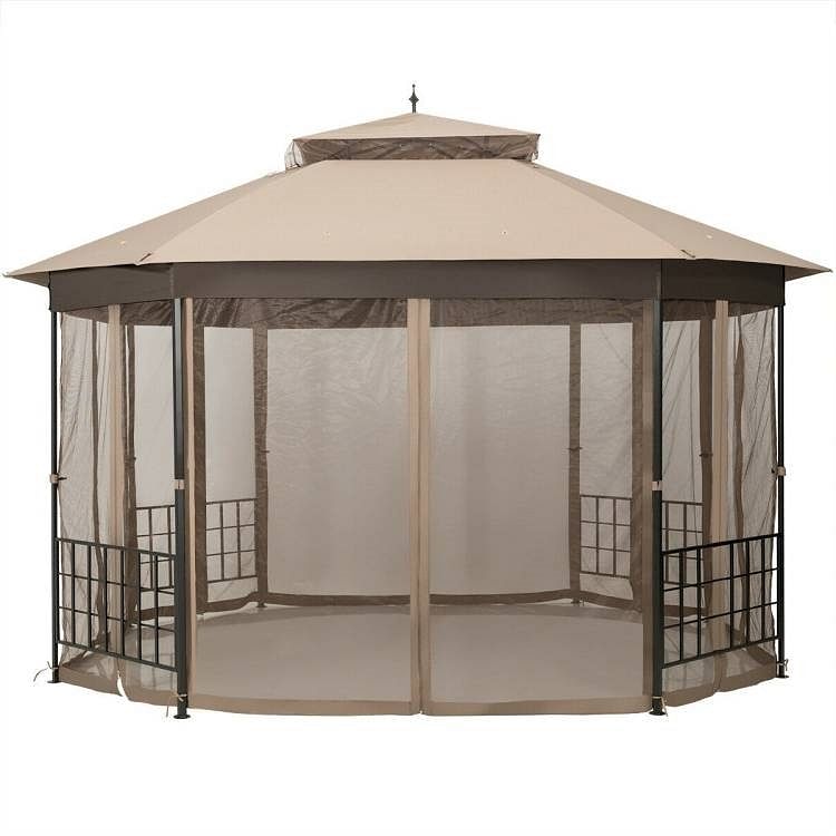Outdoor 10 x 12 Ft Octagon Gazebo with Mosquito Net Sidewalls and Brown Canopy - Free Shipping