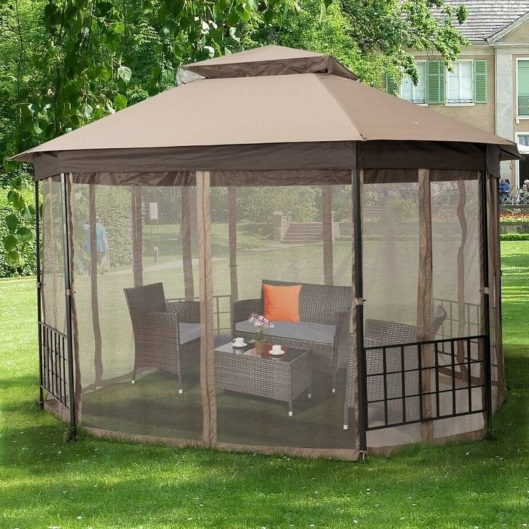 Outdoor 10 x 12 Ft Octagon Gazebo with Mosquito Net Sidewalls and Brown Canopy - Free Shipping