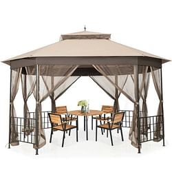 Outdoor 10 x 12 Ft Octagon Gazebo with Mosquito Net Sidewalls and Brown Canopy - Free Shipping