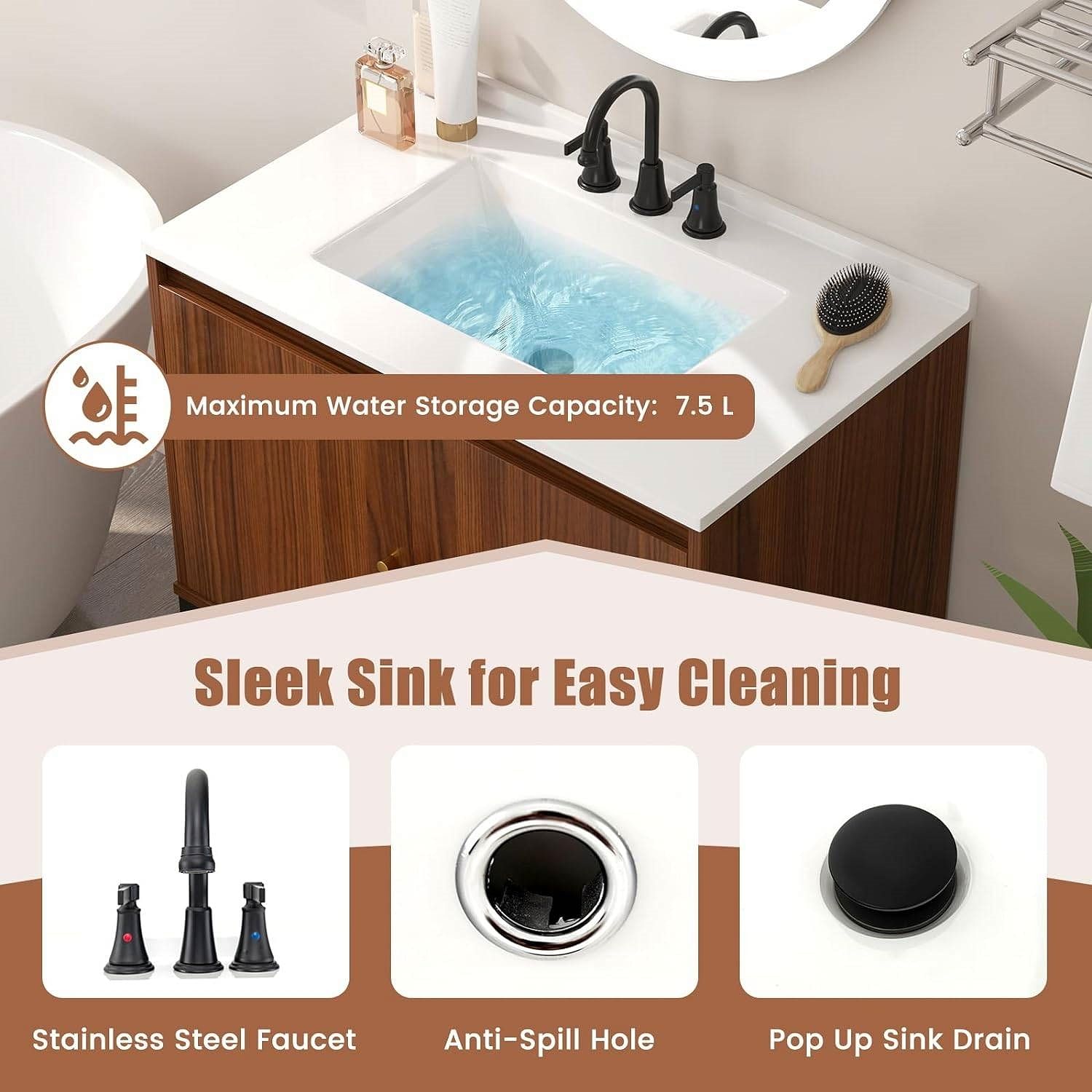 Modern Freestanding Bathroom Vanity in Walnut Wood Finish with Sink and Faucet - Free Shipping