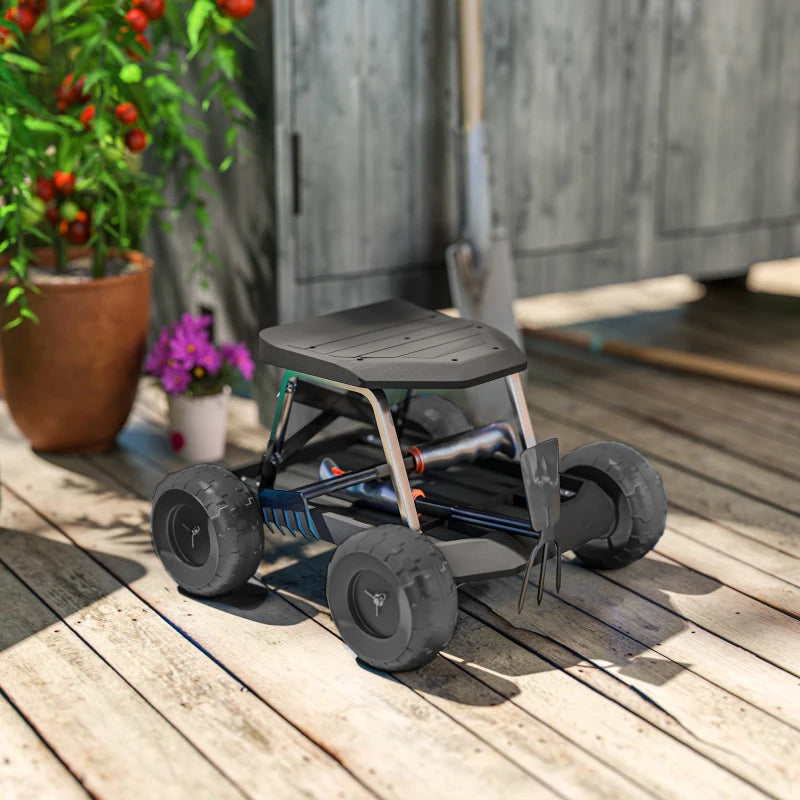 Garden Seat with Wheels, Rolling Garden Stool with Tool Tray, Cart for Outdoor Work, 19.7" x 19.3" x 12.6", Black