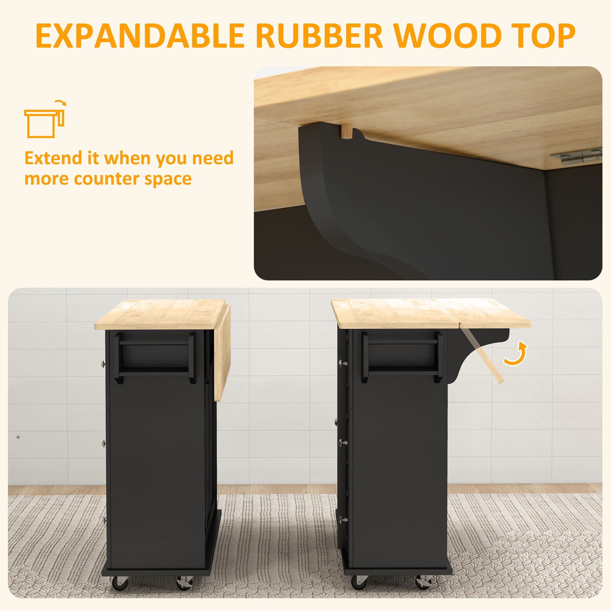 HOMCOM Mobile Kitchen Island: On Wheels, Drop Leaf, Drawers, Natural Wood Top, Storage Cart