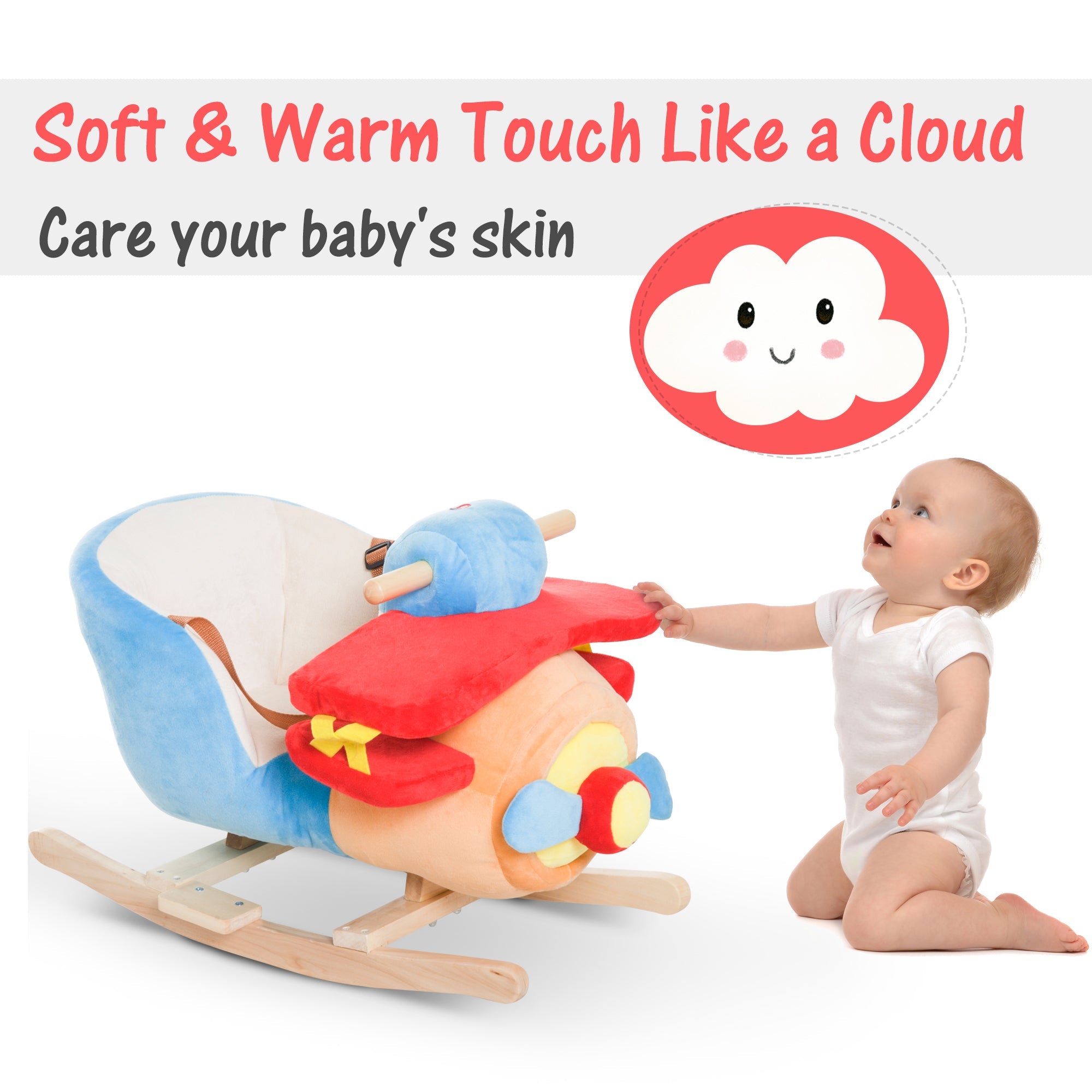 Qaba Kids Wooden Plush Ride-On Rocking Plane Chair Toy for Toddler Boy&Girl with Nursery Rhyme