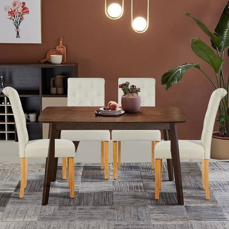 Set of 2 Beige Linen Button Tufted Dining Chair with Wood Legs - Free Shipping