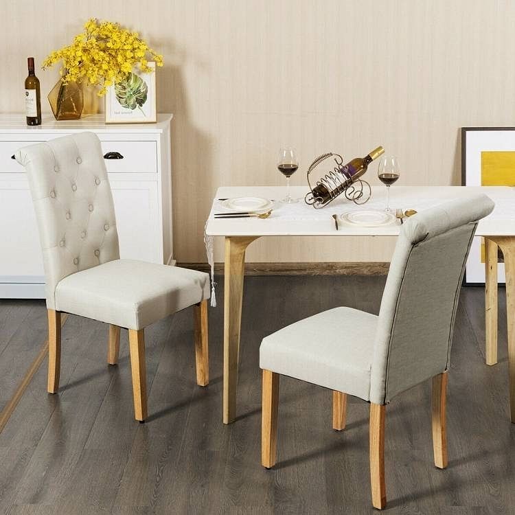 Set of 2 Beige Linen Button Tufted Dining Chair with Wood Legs - Free Shipping