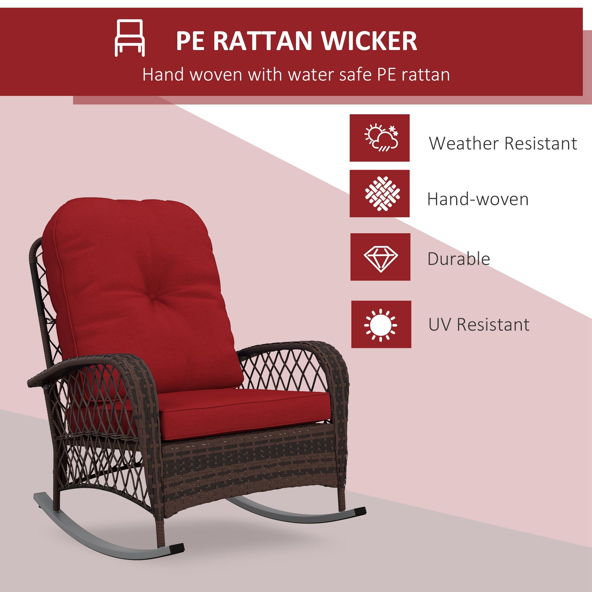 Outsunny Wicker Rattan Rocking Chair with Thick Cushions, Outdoor Patio Rocker for Garden Backyard Porch, Red