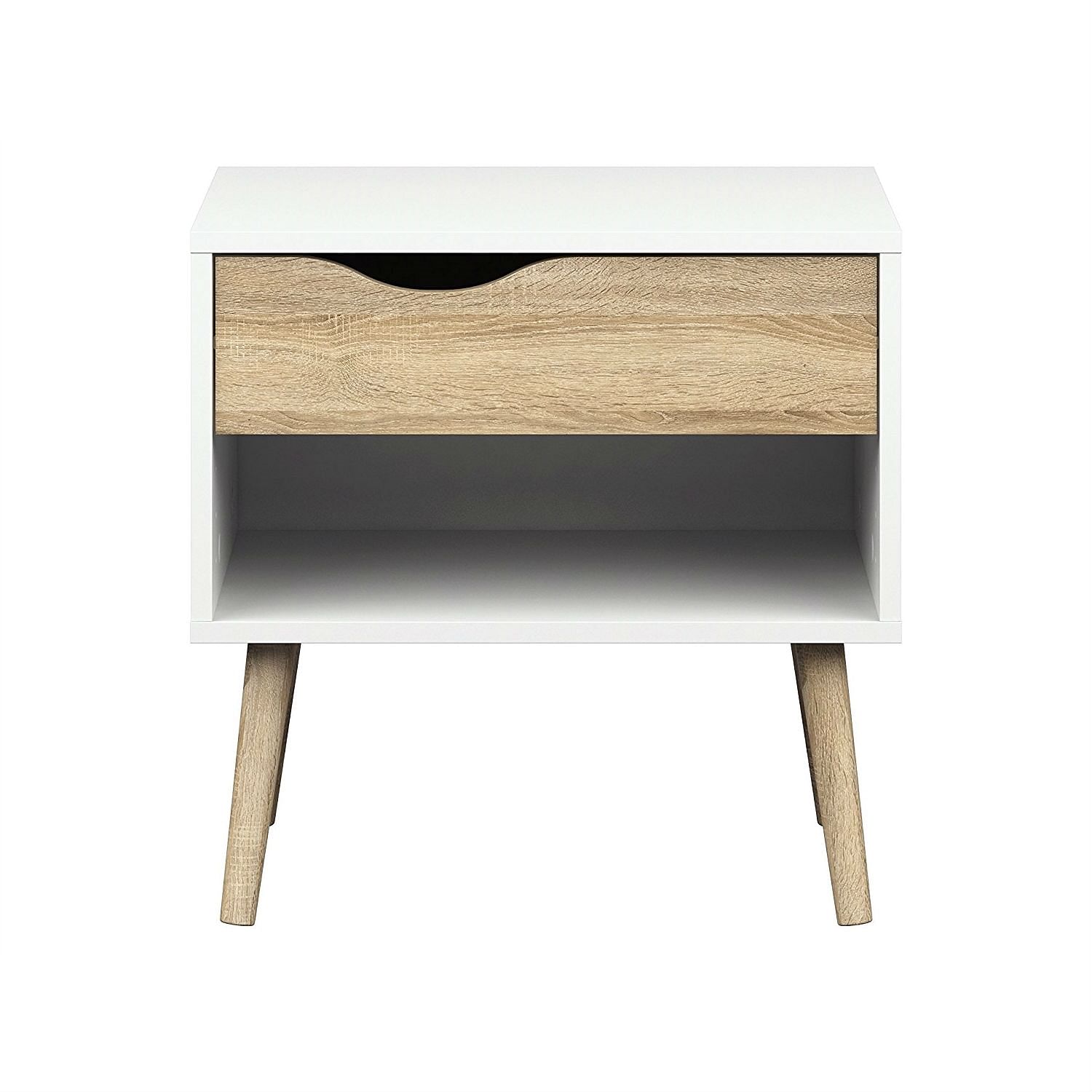 Modern Mid Century Style End Table Nightstand in White & Oak Finish - Free Shipping