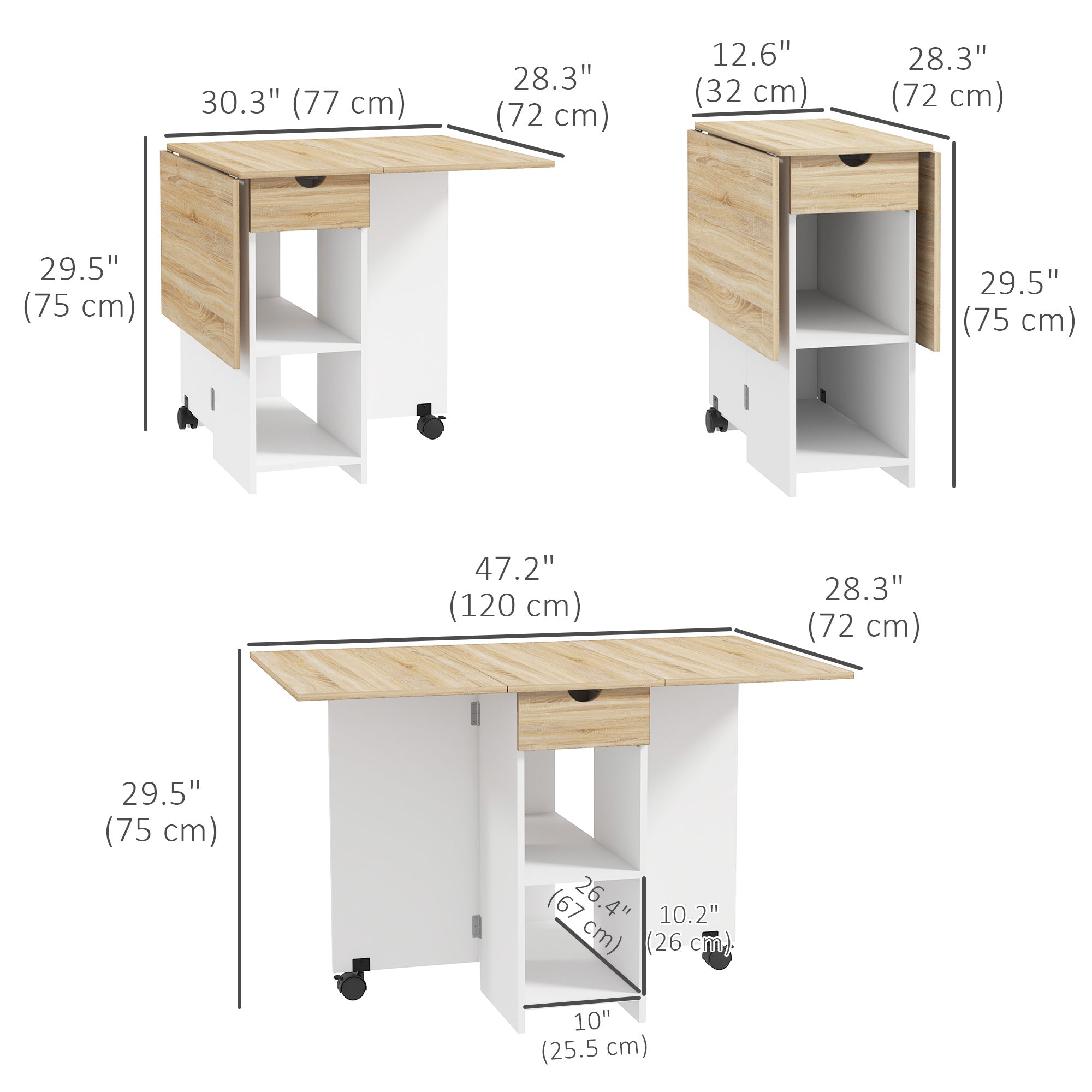 HOMCOM Space Saving Folding Dining Table Set with Storage Oak Drop Leaf Kitchen Table with Drawer Shelves for Small Areas