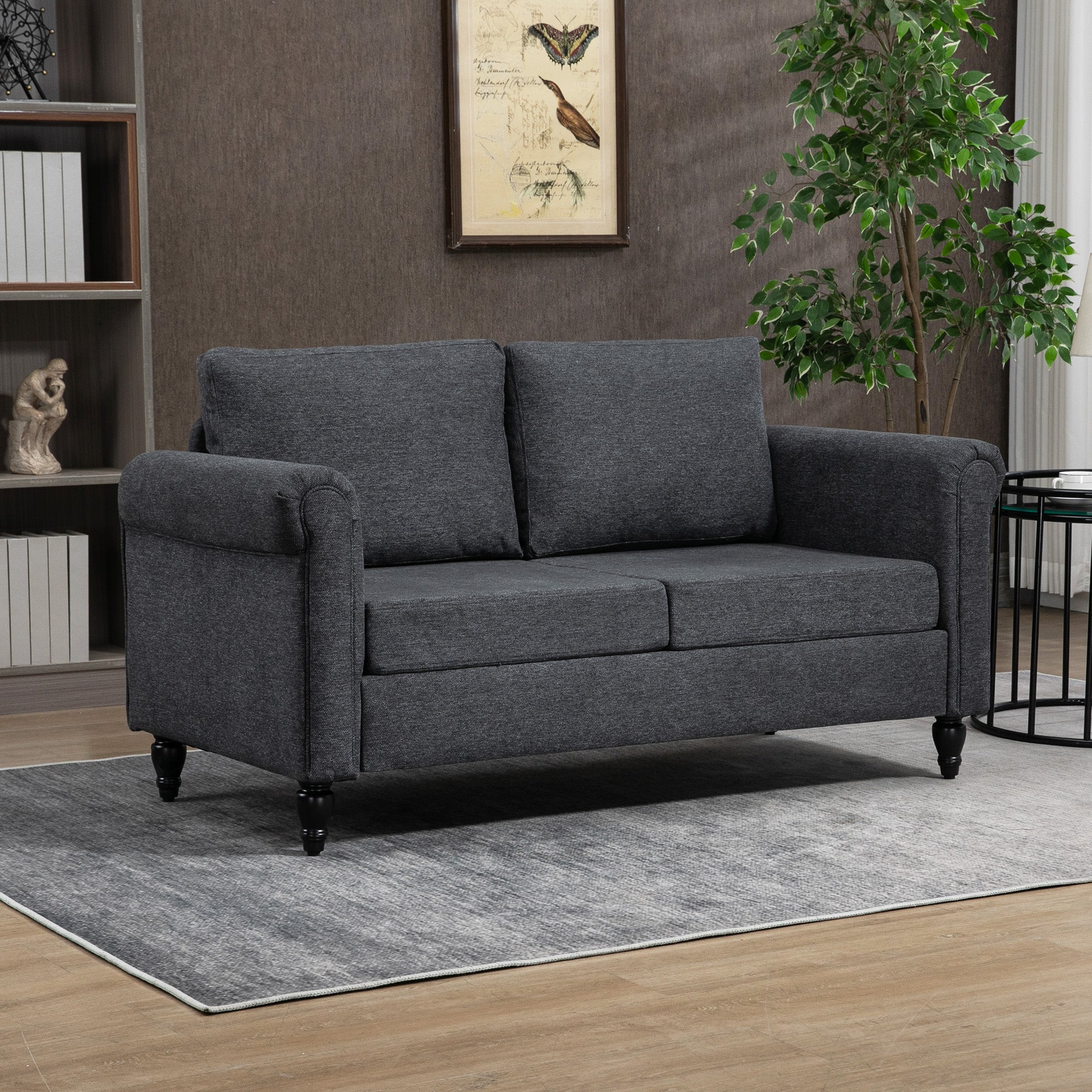 HOMCOM 57.75" Dark Grey Loveseat - Cozy 2-Seater Sofa with Curved Armrests, Throw Cushions & Rubber Wood Legs