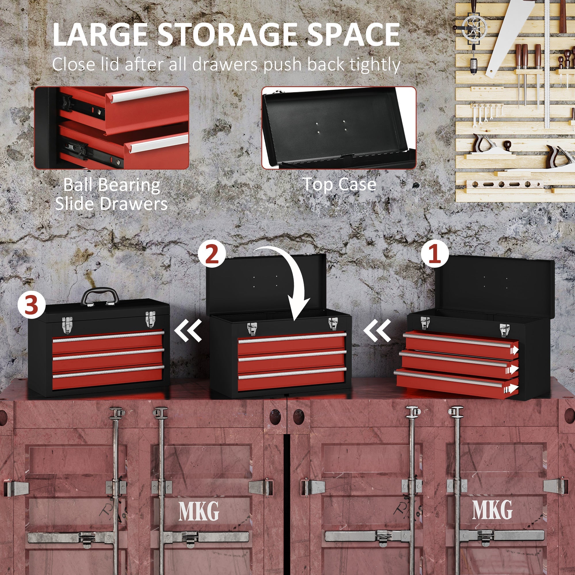 DURHAND Metal Tool Box Portable Organizer Tool Chest with 3 Drawers Metal Latch Closure for Garage Household Warehouse