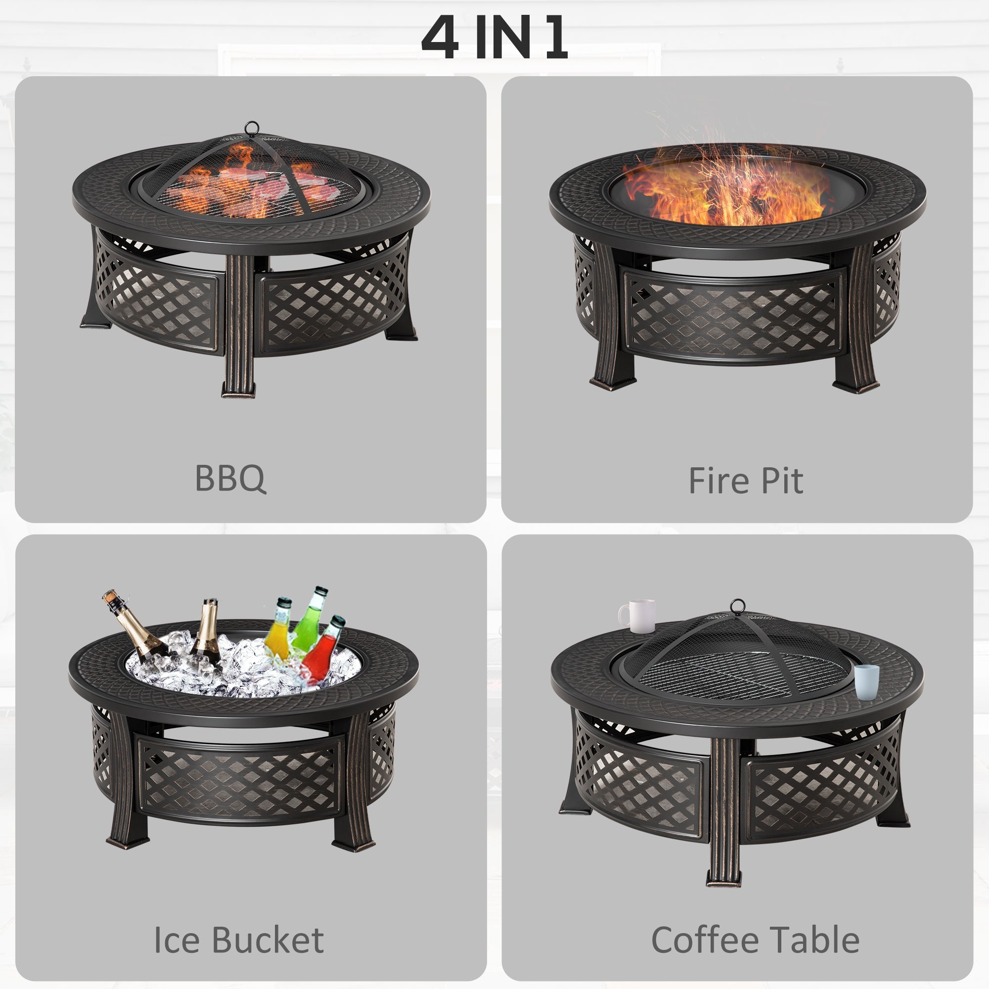 Outsunny Outdoor Fire Pit, Firepit with Grill Net, Mesh Lid, Poker, for Camping, Bonfire, Picnic, Bronze