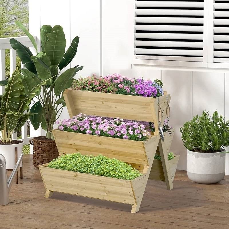 3-Tier Outdoor Fir Wood Elevated Planter Herb Flower Box Raised Garden Bed - Free Shipping