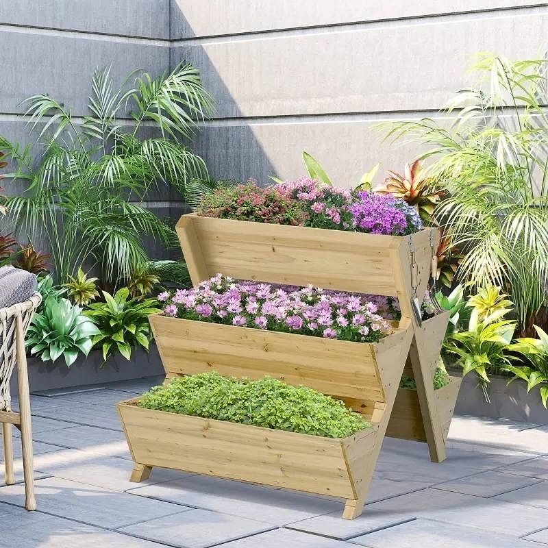 3-Tier Outdoor Fir Wood Elevated Planter Herb Flower Box Raised Garden Bed - Free Shipping