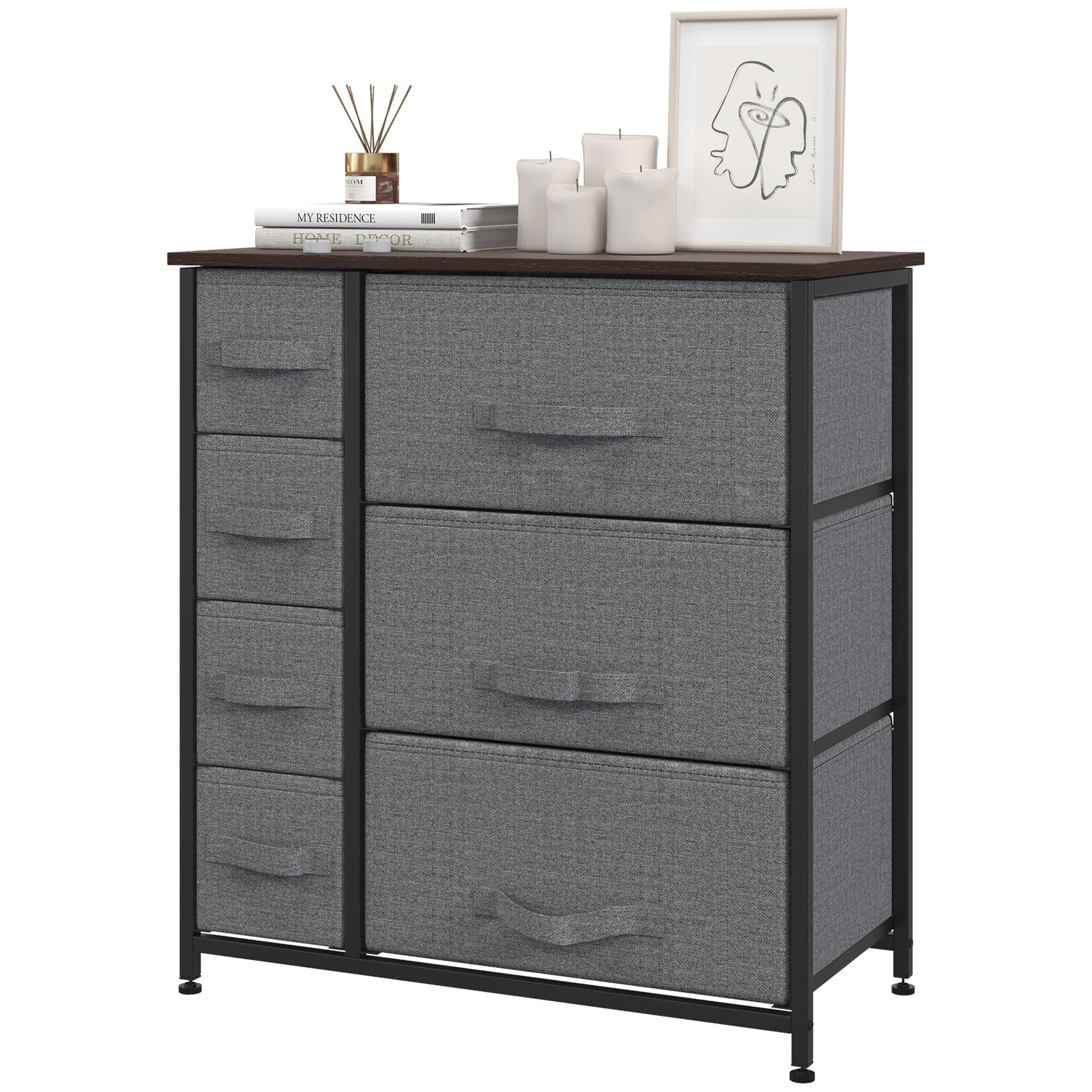 HOMCOM Dresser for Bedroom with 7 Drawers, Chest of Drawers with Metal Frame, Closet Fabric Dresser for Living Room, Dark Grey