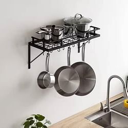 Matte Black Stainless Steel Wall Mounted Pot Rack with 10 Hanging Hooks - Free Shipping