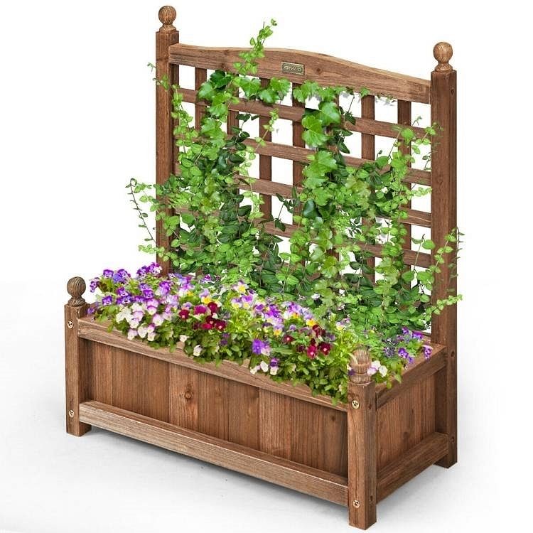 Natural Fir Wood Outdoor Garden Planter Box with 30-inch High Trellis - Free Shipping