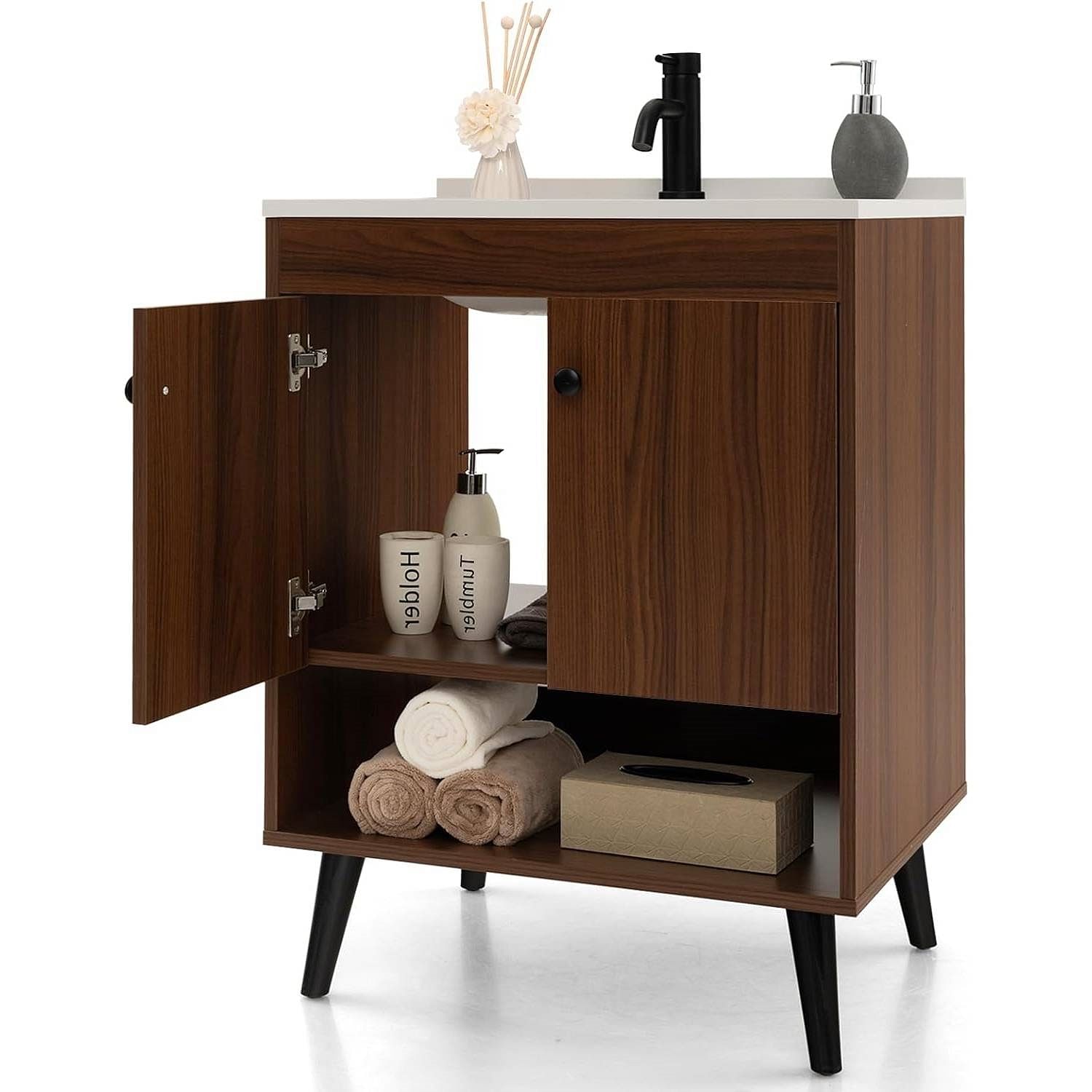 Mid-Century Modern Bathroom Vanity in Walnut Wood Finish with Sink - Free Shipping