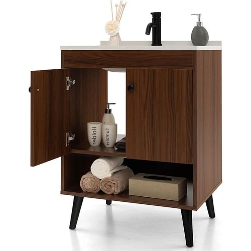 Mid-Century Modern Bathroom Vanity in Walnut Wood Finish with Sink - Free Shipping
