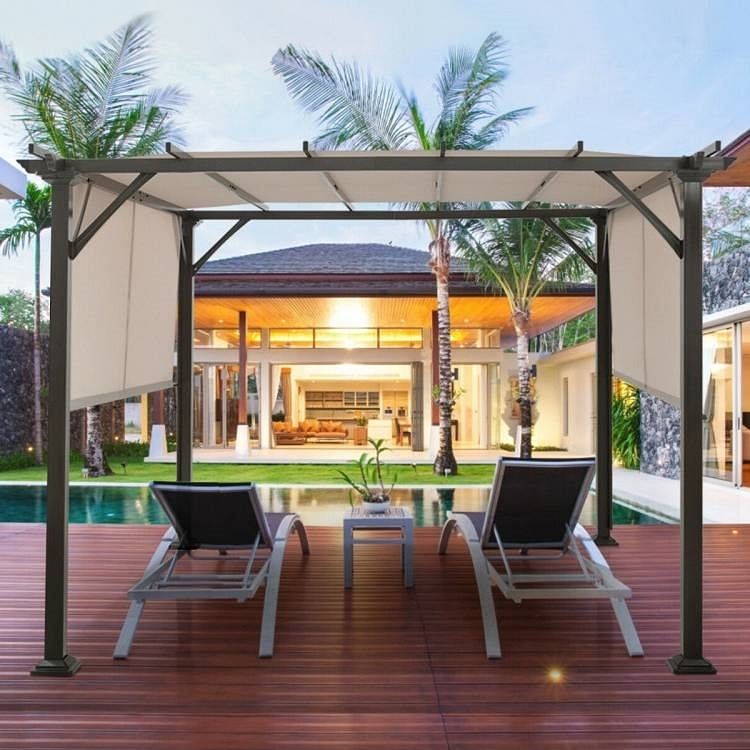Modern 10 x 10 Ft Heavy Duty Metal Frame Pergola Gazebo with Beige Canopy - Free Shipping