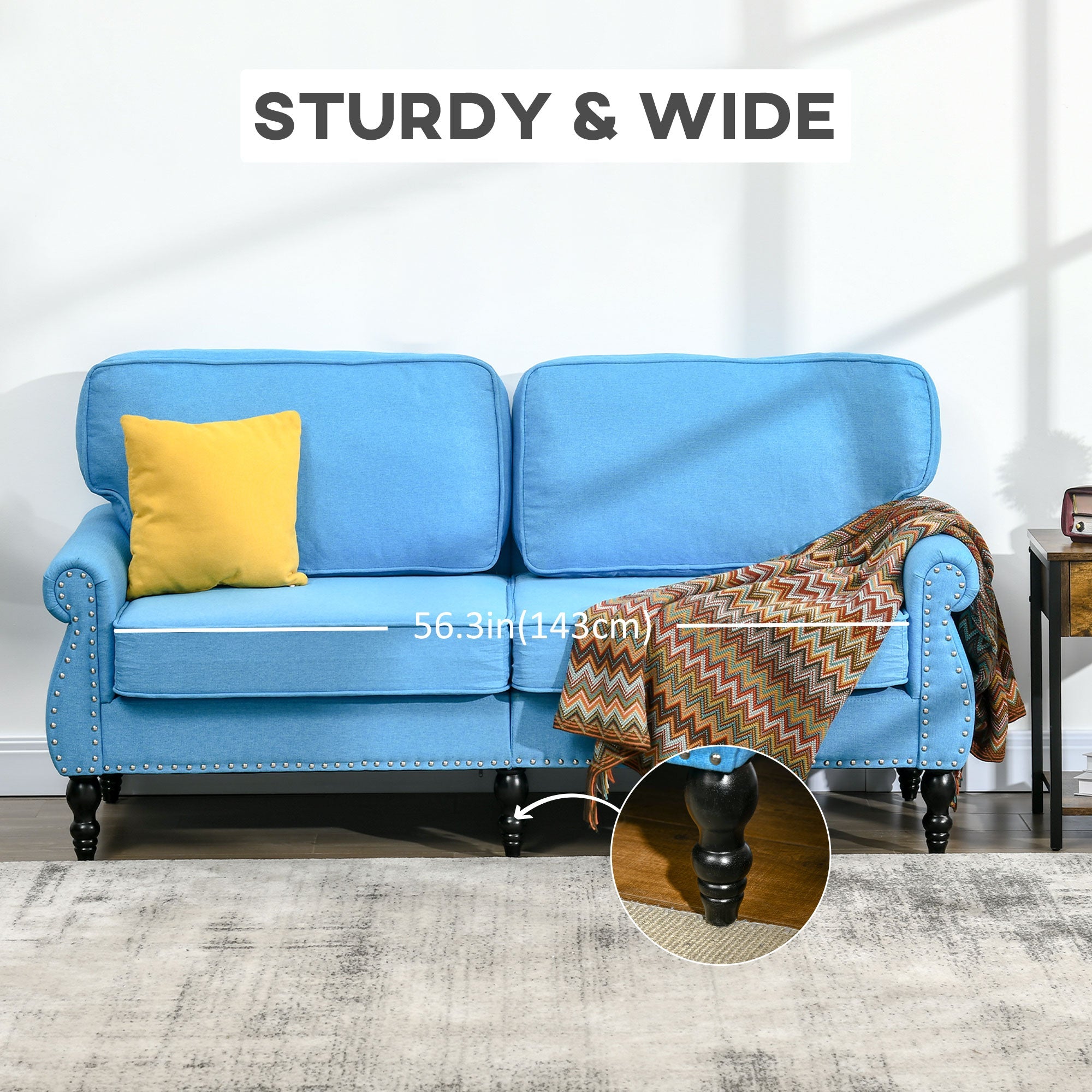 HOMCOM Traditional Style Double Sofa with Sponge Padding and Rubber Wood Leg, 2 Seater Nail Head Accent Loveseat, Light Blue